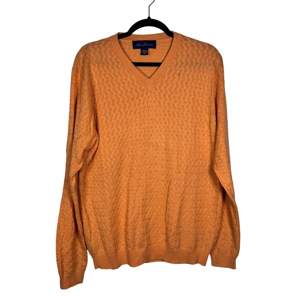 Alan Flusser Mens Orange Silk & Cashmere Cable Knit V-Neck Sweater Size M Classi